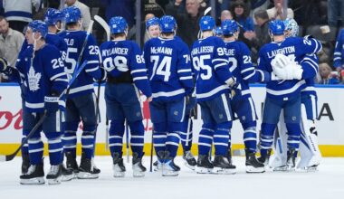 Jan 10, 2026; Toronto, Ontario, CAN; Toronto Maple Leafs goaltender Joseph Woll (60) celebrates the win with center Scott Laughton (24) against the Vancouver Canucks at the end of the third period at Scotiabank Arena. Mandatory Credit: Nick Turchiaro-Imagn Images