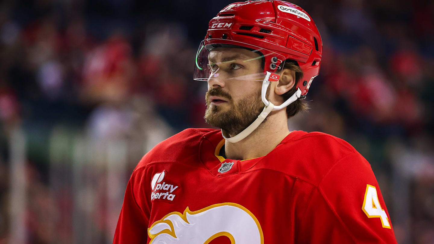 Dec 31, 2025; Calgary, Alberta, CAN; Calgary Flames defenseman Rasmus Andersson (4) against the Philadelphia Flyers during the first period at Scotiabank Saddledome. Mandatory Credit: Sergei Belski-Imagn Images