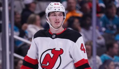 Oct 30, 2025; San Jose, California, USA; New Jersey Devils defenseman Luke Hughes (43) waits for play to resume in the second period against the San Jose Sharks at SAP Center at San Jose. Mandatory Credit: David Gonzales-Imagn Images