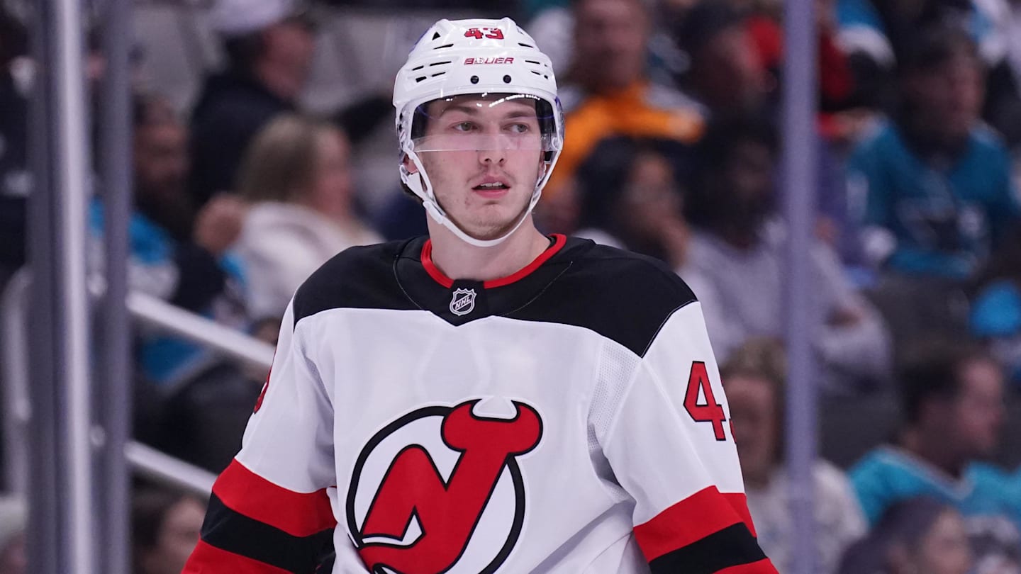 Oct 30, 2025; San Jose, California, USA; New Jersey Devils defenseman Luke Hughes (43) waits for play to resume in the second period against the San Jose Sharks at SAP Center at San Jose. Mandatory Credit: David Gonzales-Imagn Images
