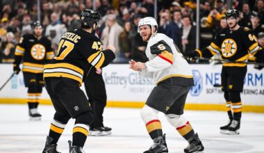 Mark Kastelic and Jeremy Lauzon square off in the first period