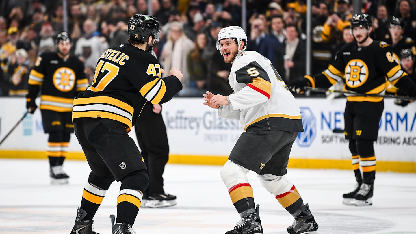 Mark Kastelic and Jeremy Lauzon square off in the first period