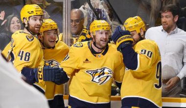 Jan 22, 2026; Nashville, Tennessee, USA;  Nashville Predators center Steven Stamkos (91) celebrates with teammates after scoring a goal and a hat trick against the Ottawa Senators during the third period at Bridgestone Arena. Mandatory Credit: Steve Roberts-Imagn Images