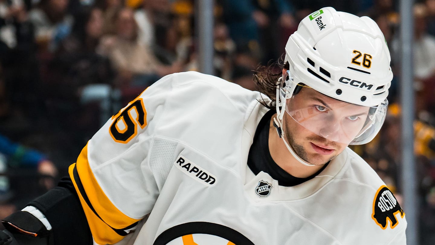Jan 3, 2026; Vancouver, British Columbia, CAN; Boston Bruins defenseman Andrew Peeke (26) skates against the Vancouver Canucks in the second period at Rogers Arena. Mandatory Credit: Bob Frid-Imagn Images
