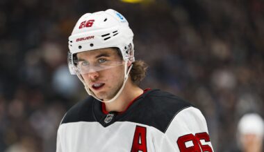Jan 23, 2026; Vancouver, British Columbia, CAN; New Jersey Devils forward Jack Hughes (86) looks on during a stop in play against the Vancouver Canucks in the first period at Rogers Arena. Mandatory Credit: Bob Frid-Imagn Images