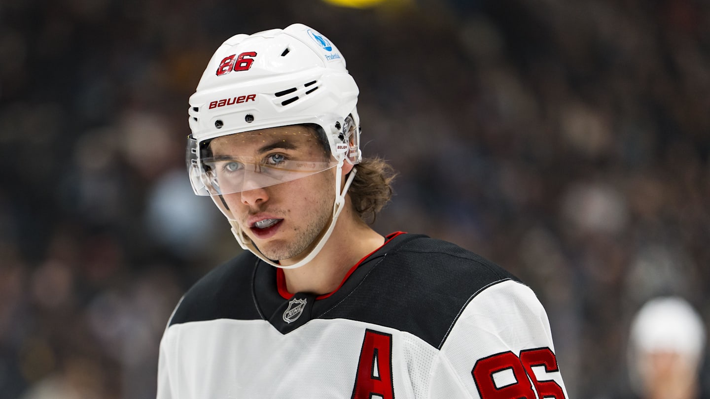 Jan 23, 2026; Vancouver, British Columbia, CAN; New Jersey Devils forward Jack Hughes (86) looks on during a stop in play against the Vancouver Canucks in the first period at Rogers Arena. Mandatory Credit: Bob Frid-Imagn Images