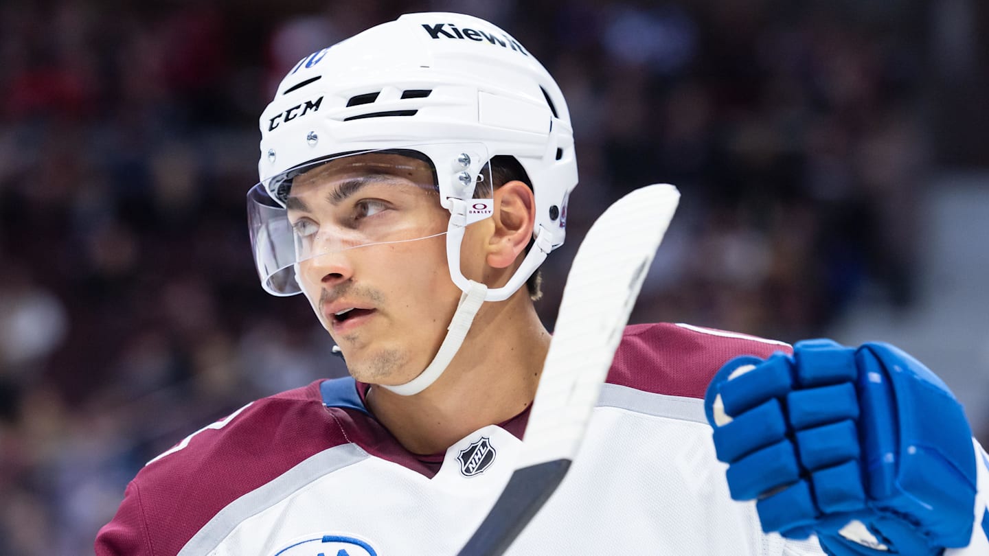 Mar 20, 2025; Ottawa, Ontario, CAN; Colorado Avalanche defenseman Sam Malinski (70) looks up the ice prior to faceoff in the first period against the Ottawa Senators at the Canadian Tire Centre. Mandatory Credit: Marc DesRosiers-Imagn Images