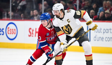 Cole Caufield and Mark Stone jostle for position