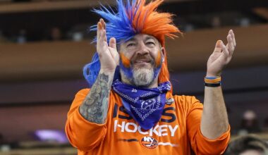 Nov 8, 2025; New York, New York, USA;  A New York Islanders fan at Madison Square Garden. Mandatory Credit: Wendell Cruz-Imagn Images