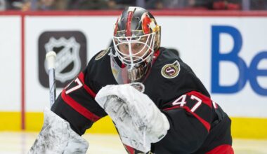Jan 24, 2026; Ottawa, Ontario, CAN; Ottawa Senators goalie James Reimer (47) warms up prior to the start of the second period against the Carolina Hurricanes  at the Canadian Tire Centre. Mandatory Credit: Marc DesRosiers-IMAGN Images