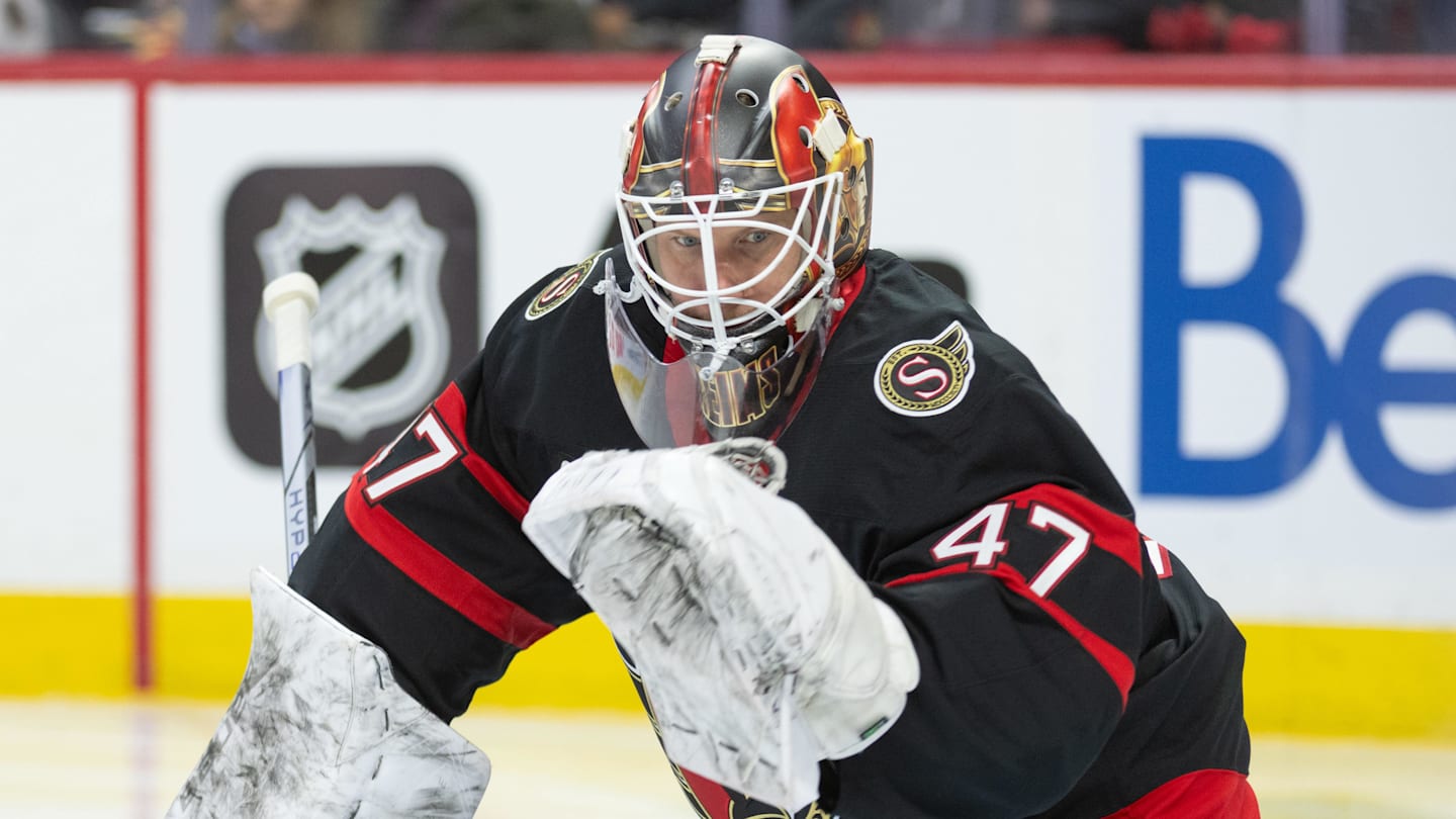 Jan 24, 2026; Ottawa, Ontario, CAN; Ottawa Senators goalie James Reimer (47) warms up prior to the start of the second period against the Carolina Hurricanes  at the Canadian Tire Centre. Mandatory Credit: Marc DesRosiers-IMAGN Images
