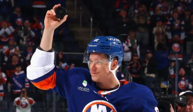 Former Devil Ondrej Palat (Islanders forward #81) celebrates being the First Star of The Game