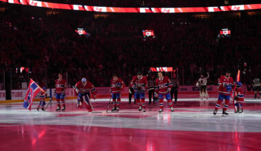 Jan 27, 2026; Montreal, Quebec, CAN; Montreal Canadiens players during the National Anthem before the game against the Vegas Golden Knights at the Bell Centre. Mandatory Credit: Eric Bolte-Imagn Images
