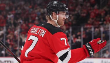 Jan 29, 2026; Newark, New Jersey, USA; New Jersey Devils defenseman Dougie Hamilton (7) celebrates his goal against the Nashville Predators during the second period at Prudential Center. Mandatory Credit: Ed Mulholland-Imagn Images