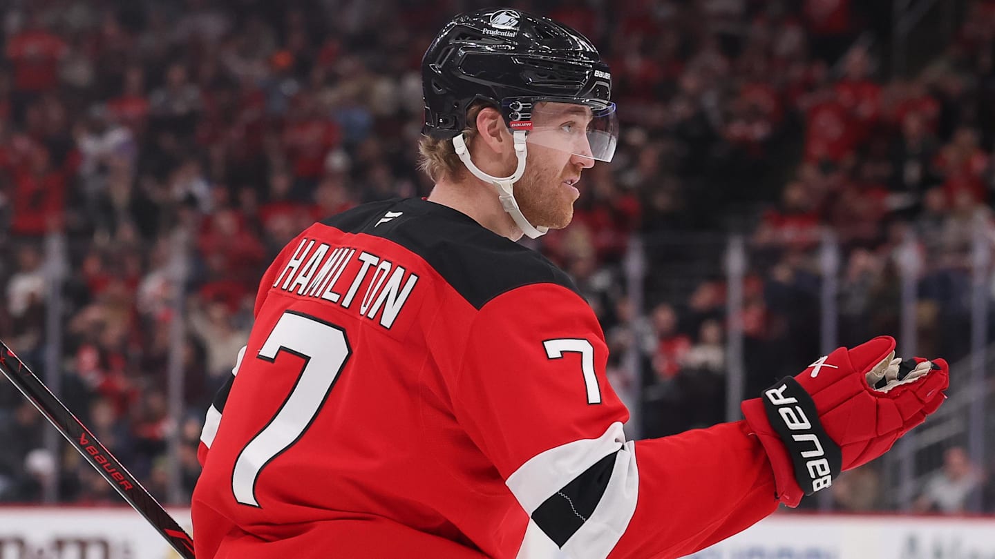 Jan 29, 2026; Newark, New Jersey, USA; New Jersey Devils defenseman Dougie Hamilton (7) celebrates his goal against the Nashville Predators during the second period at Prudential Center. Mandatory Credit: Ed Mulholland-Imagn Images