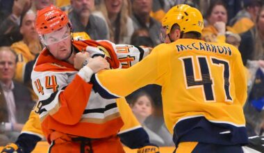 Oct 21, 2025; Nashville, Tennessee, USA;   Anaheim Ducks left wing Ross Johnston (44) and Nashville Predators right wing Michael McCarron (47) exchange punches during the third period at Bridgestone Arena. Mandatory Credit: Steve Roberts-Imagn Images