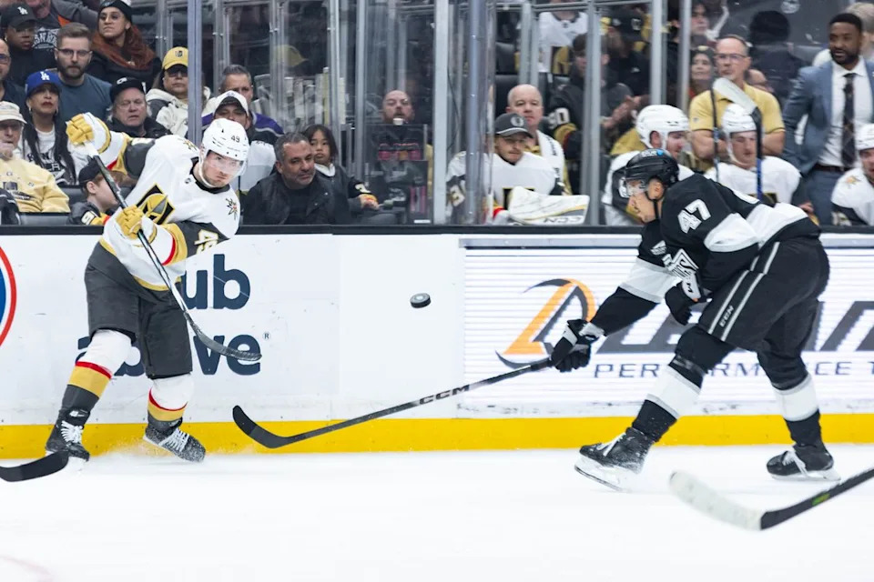 Vegas Golden Knights left wing Ivan Barbasheb (49) passes the puck during an NHL match against the Los Angeles Kings on January 14, 2025 in Los Angeles, Calif.