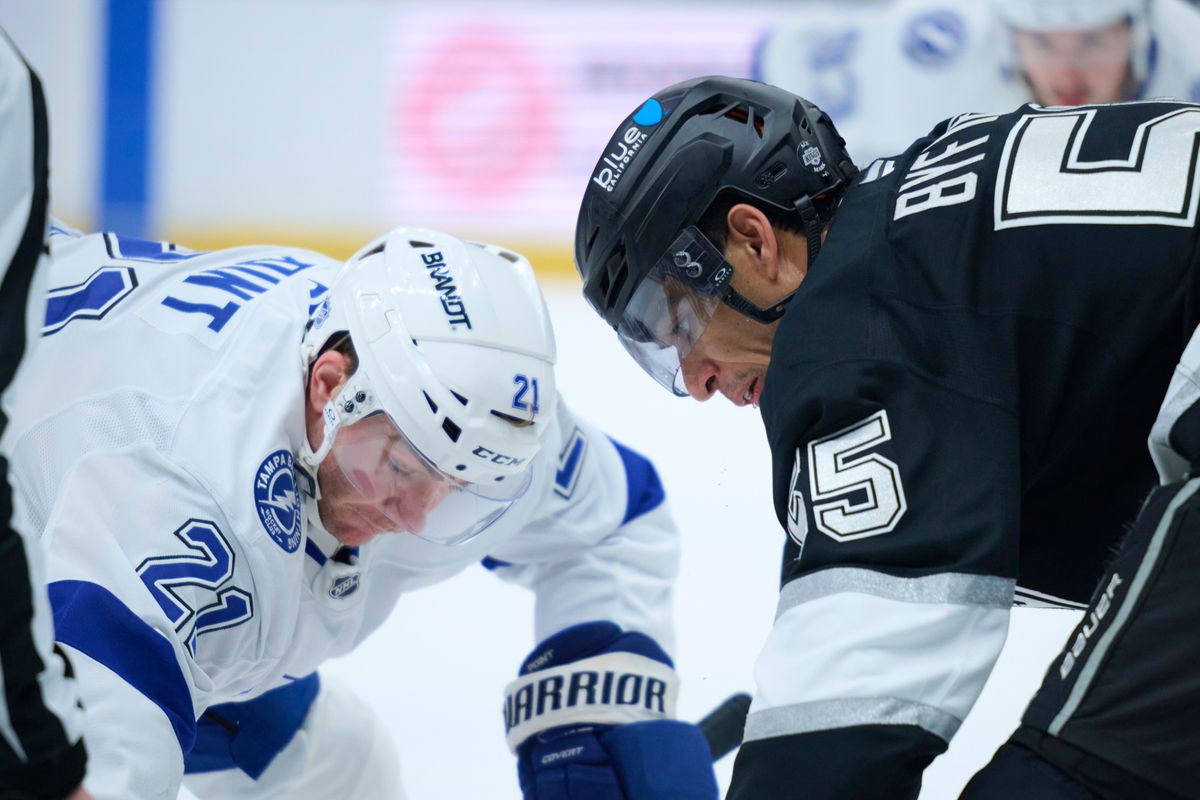 The Los Angeles Kings right wing Quinton Byfield (55) does a face off  against the lightning at the Crypto Arena on January 1st, 2026 in Los Angeles  California.