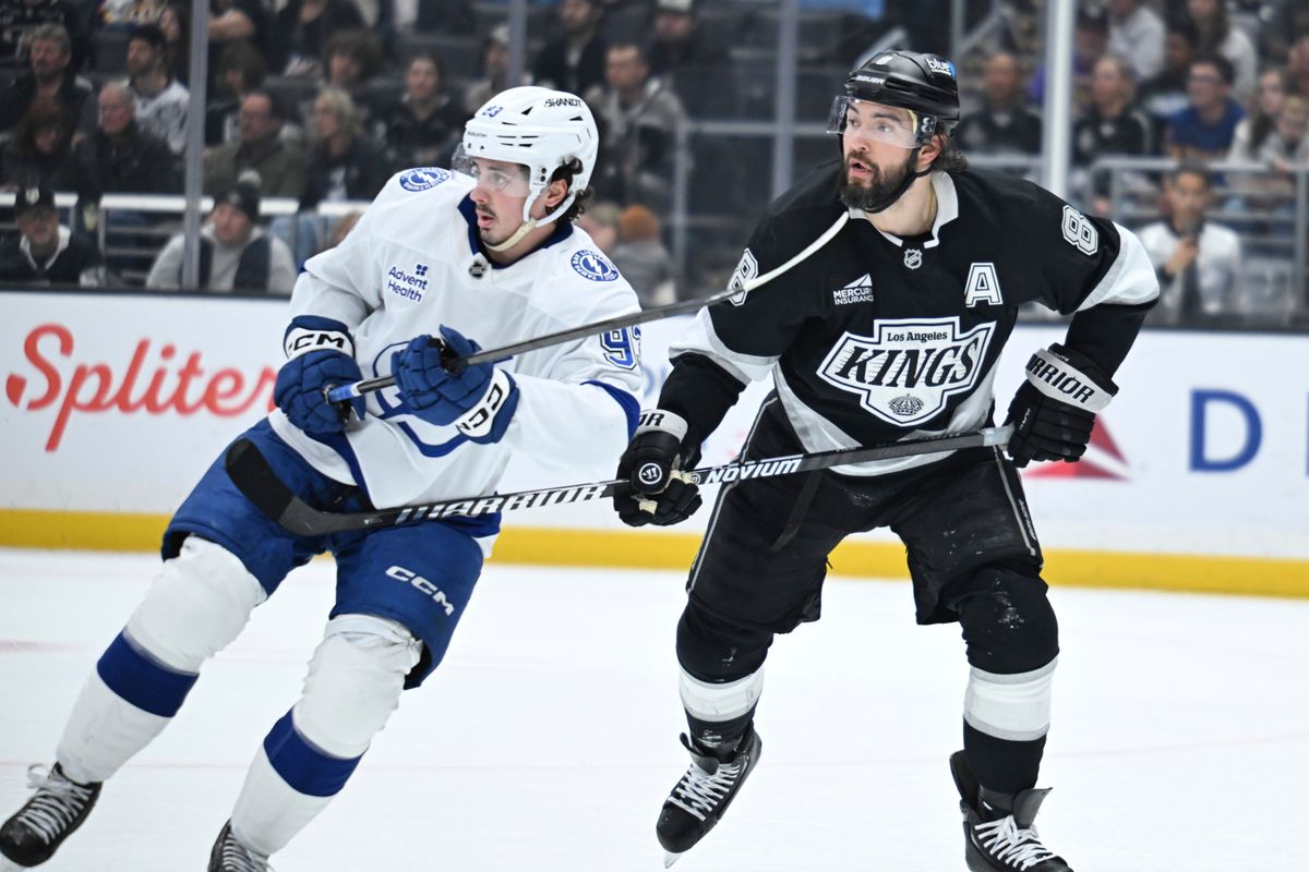 The Los Angeles Kings defender Drew Doughty (8) plays defense against the lightning at the Crypto Arena on January 1st, 2026 in Los Angeles  California.