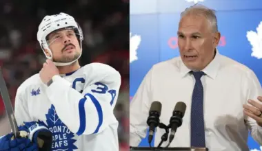 Auston Matthews gets a special moment from Craig Berube as practice wraps up
