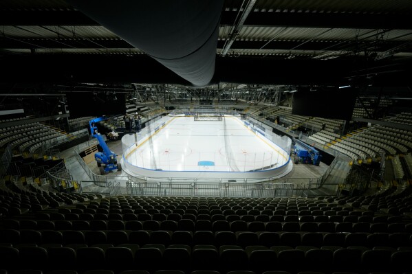An overview of the Ice Skating Arena where some Ice Hockey matches of the Milan Cortina 2026 Winter Olympics will take place, in Rho, outskirt of Milan, Friday, Dec.5, 2025. (AP Photo/Luca Bruno)