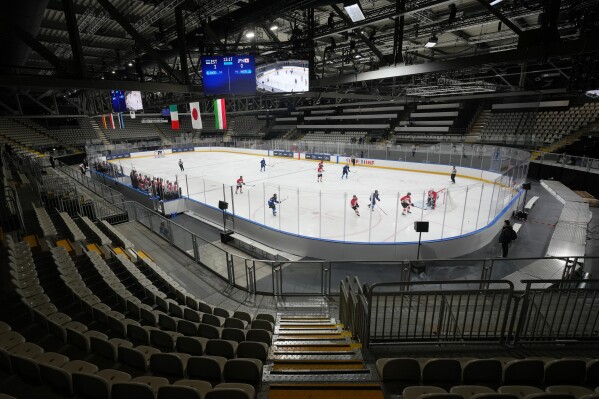 A view of the Ice Hockey Arena during the U20 Ice Hockey World Championship between Estonia and Japan as a test event for the 2026 Milan Cortina Winter Olympics, in Rho, near Milan, Italy, Monday, Dec. 8, 2025. (AP Photo/Antonio Calanni)