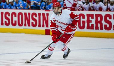 Badgers celebrate a goal vs. Alaska Anchorage