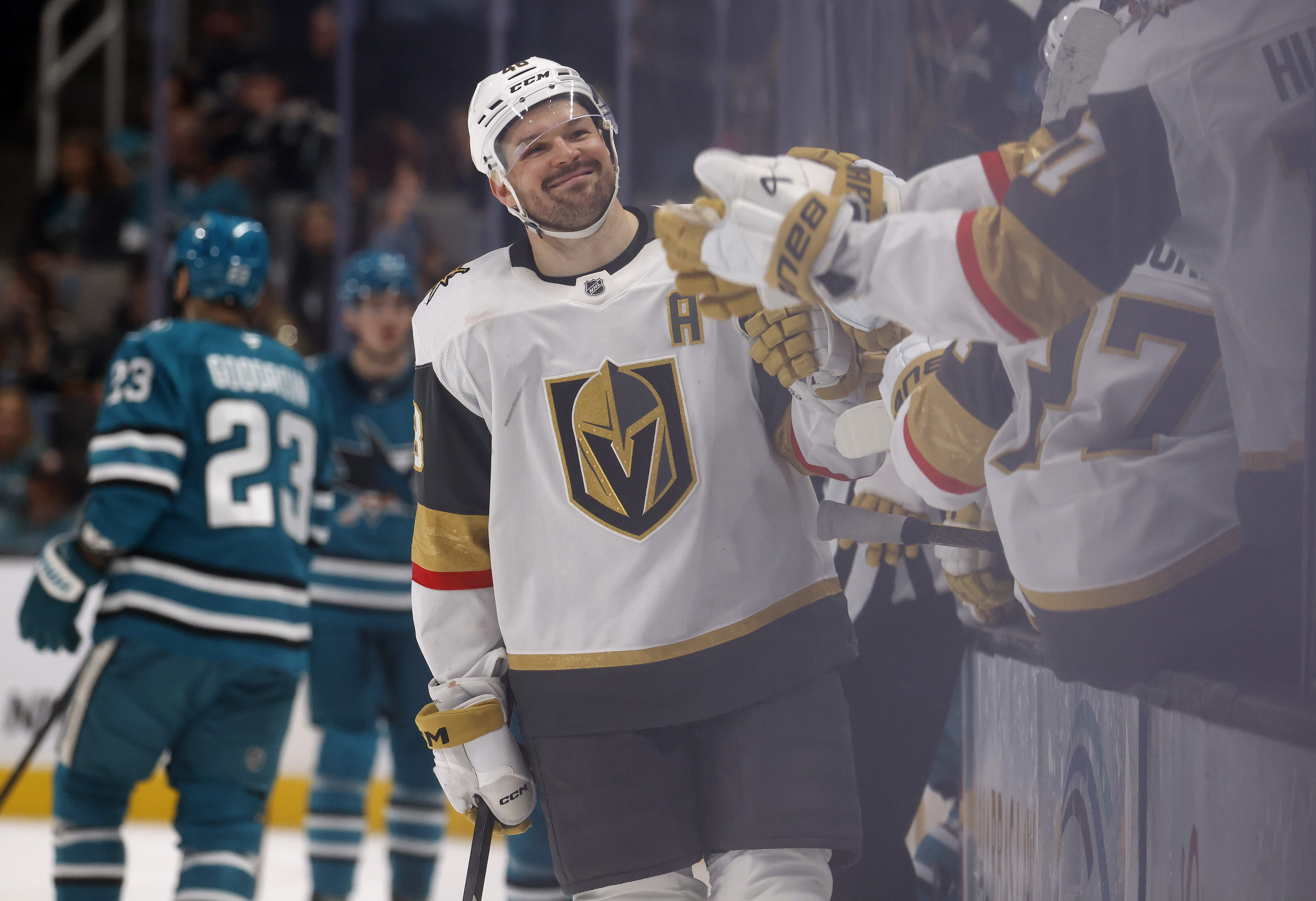 Vegas Golden Knights' Tomas Hertl (48) high-fives the bench after...