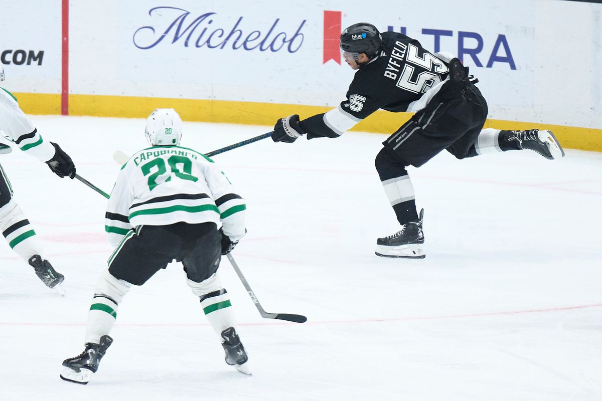 The Los Angeles Kings right wing Quinton Byfield (55) shoots a goal attempt against the Dallas Stars at the Crypto Arena on January 12th, 2026 in Los Angeles California. The Los Angeles Kings right wing Quinton Byfield (55) shoots a goal attempt against the Dallas Stars at the Crypto Arena on January 12th, 2026 in Los Angeles California.