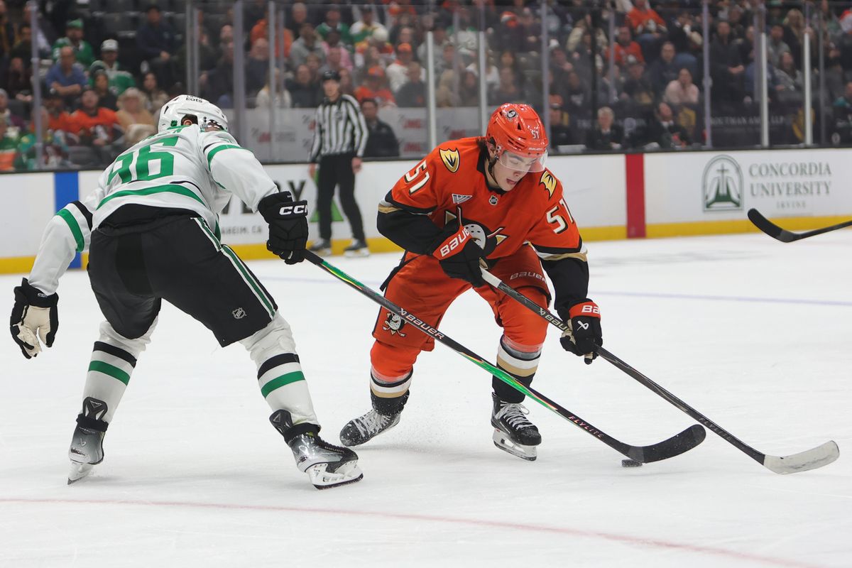 Anaheim Ducks defenseman Olen Zellweger (51) skates with the puck during an NHL game against the Dallas Stars on January 13, 2026 in Anaheim, CA. Anaheim Ducks defenseman Olen Zellweger (51) skates with the puck during an NHL game against the Dallas Stars on January 13, 2026 in Anaheim, CA.