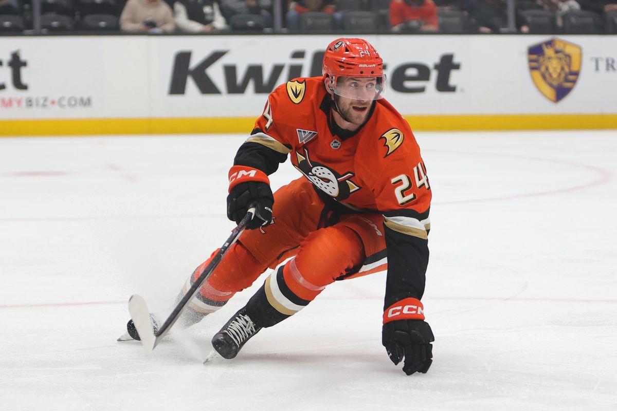 Anaheim Ducks center Jansen Harkins (24) chases after the puck during an NHL game against the Dallas Stars on January 13, 2026 in Anaheim, CA. Anaheim Ducks center Jansen Harkins (24) chases after the puck during an NHL game against the Dallas Stars on January 13, 2026 in Anaheim, CA.