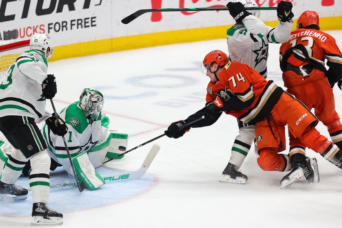 Anaheim Ducks defenseman Ian Moore (74) takes a shot on goal during an NHL game against the Dallas Stars on January 13, 2026 in Anaheim, CA. Anaheim Ducks defenseman Ian Moore (74) takes a shot on goal during an NHL game against the Dallas Stars on January 13, 2026 in Anaheim, CA.