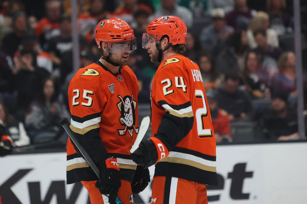 Anaheim Ducks center Ryan Poehling (25) and center Jansen Harkins (24) discuss strategy during an NHL game against the Dallas Stars on January 13, 2026 in Anaheim, CA. Anaheim Ducks center Ryan Poehling (25) and center Jansen Harkins (24) discuss strategy during an NHL game against the Dallas Stars on January 13, 2026 in Anaheim, CA.