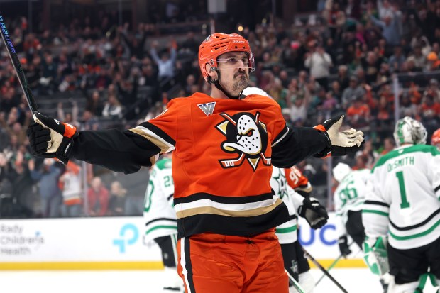 The Ducks' Chris Kreider celebrates after scoring a goal during the second period of their game against the Dallas Stars on Tuesday night at the Honda Center. (Photo by Sean M. Haffey/Getty Images)