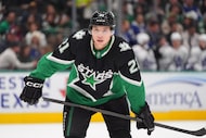 Dallas Stars left wing Jason Robertson lines up during the first period of an NHL hockey...