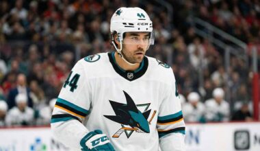 Concept image of Vancouver Canucks forward Kiefer Sherwood celebrating fiercely on the ice while wearing a teal San Jose Sharks away jersey.