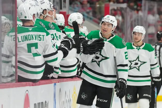 Jan 6, 2026; Raleigh, North Carolina, USA; Dallas Stars left wing Jason Robertson (21) celebrates his goal against the Carolina Hurricanes during the first period at Lenovo Center.