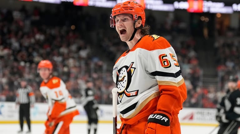 Anaheim Ducks defenseman Jacob Trouba complains to a referee after...