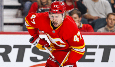 Calgary Flames center Connor Zary (47) shoots the puck against the Detroit Red Wings during the second period at Scotiabank Saddledome.