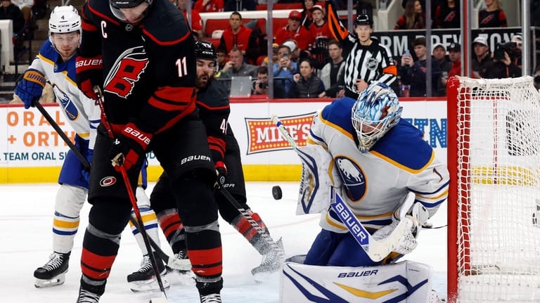 Buffalo Sabres goaltender Ukko-Pekka Luukkonen (1) blocks a shot of...