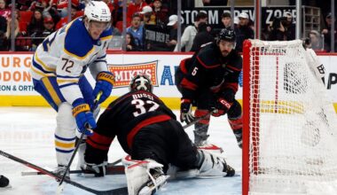 Brandon Bussi makes 17 saves for his 18th win as the Hurricanes beat the Sabres 2-1
