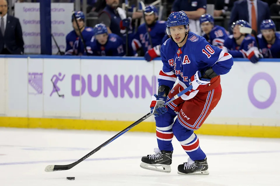 Jan 5, 2026; New York, New York, USA; New York Rangers left wing Artemi Panarin (10) skates with the puck against the Utah Mammoth during the second period at Madison Square Garden. Mandatory Credit: Brad Penner-Imagn Images