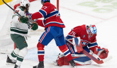 Montreal Canadiens goaltender Jakub Dobes (75) makes a save as Minnesota Wild