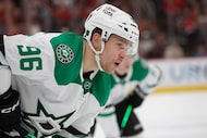 Dallas Stars' Mikko Rantanen (96) watches the puck against the Carolina Hurricanes during...