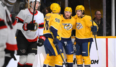 Nashville Predators center Steven Stamkos, second from right, celebrates after his goal with right wing Matthew Wood, right, and center Ryan O