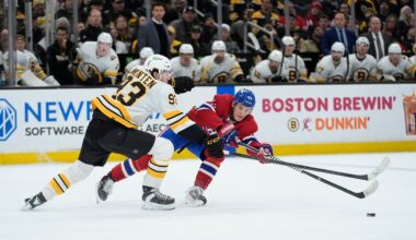 Montreal Canadiens right wing Ivan Demidov, right, gets off a pass while being defended by Boston Bruins centre Fraser Minten, left, during the third period of an NHL hockey game in Boston, Saturday, Jan. 24, 2026. (AP Photo/Robert F. Bukaty)