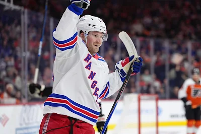 New York Rangers forward Alexis Lafreniere celebrates goal during 2026 game.