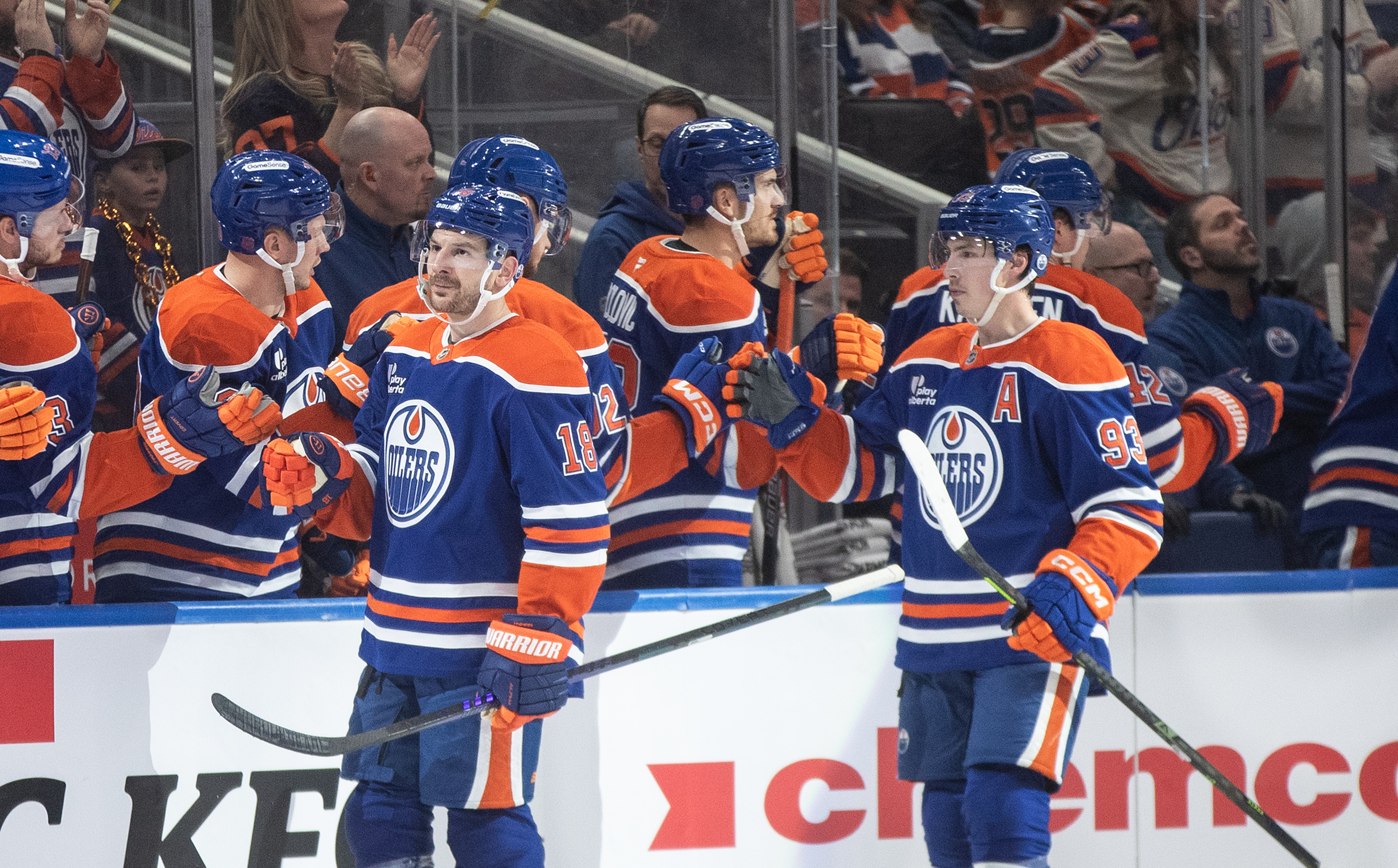 The Edmonton Oilers’ Zach Hyman (18) and Ryan Nugent-Hopkins (93)...