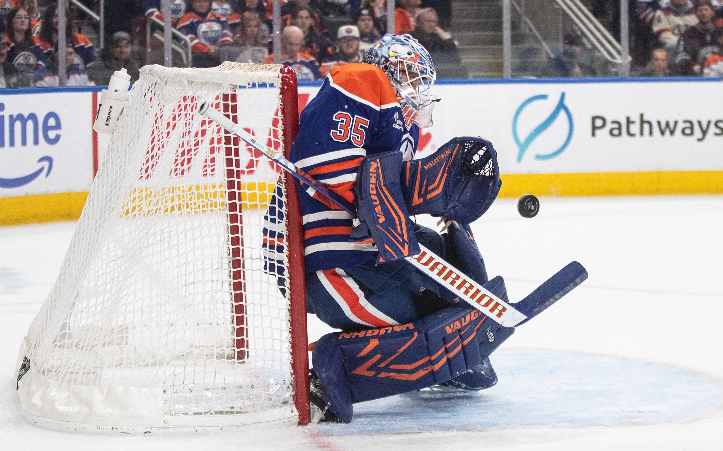 Edmonton Oilers goaltender Tristan Jarry makes a save during the...