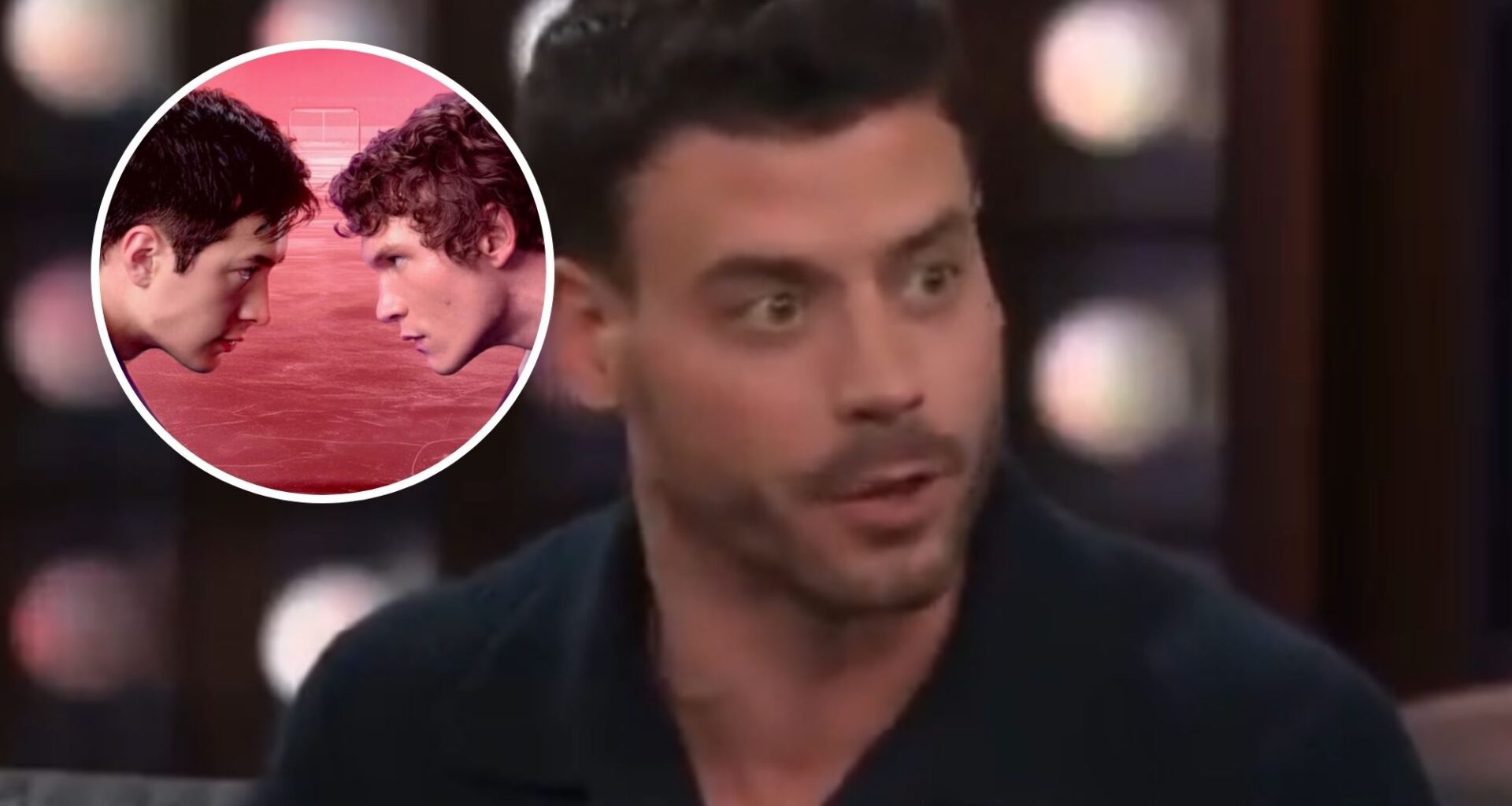 Francois Arnaud, with a photoshopped circle next to him containing the main characters of Heated Rivalry.